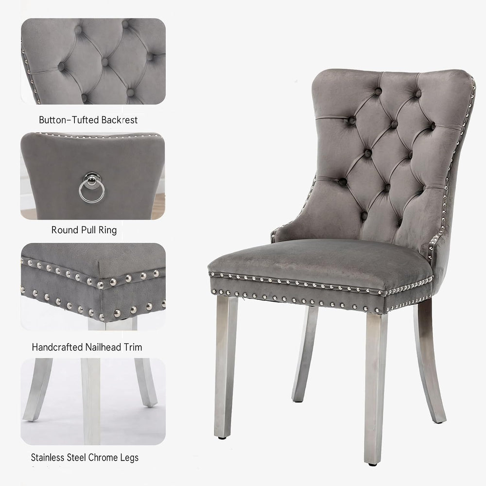 HomVent Silver Round Glass Dining Table Set for 2 with 2 Grey Velvet Chair | ...