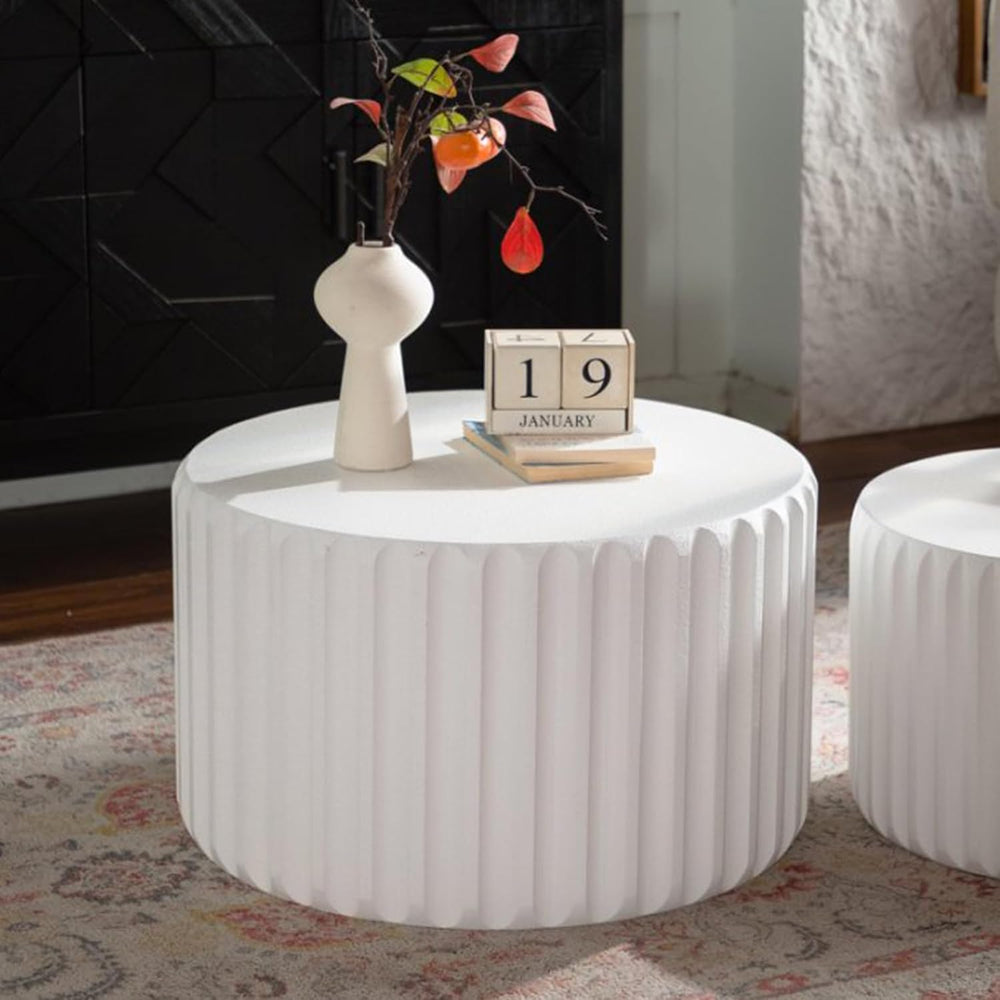 White Round Nesting Coffee Table Set of 2, Drum Side Table, Scalloped End Tab...