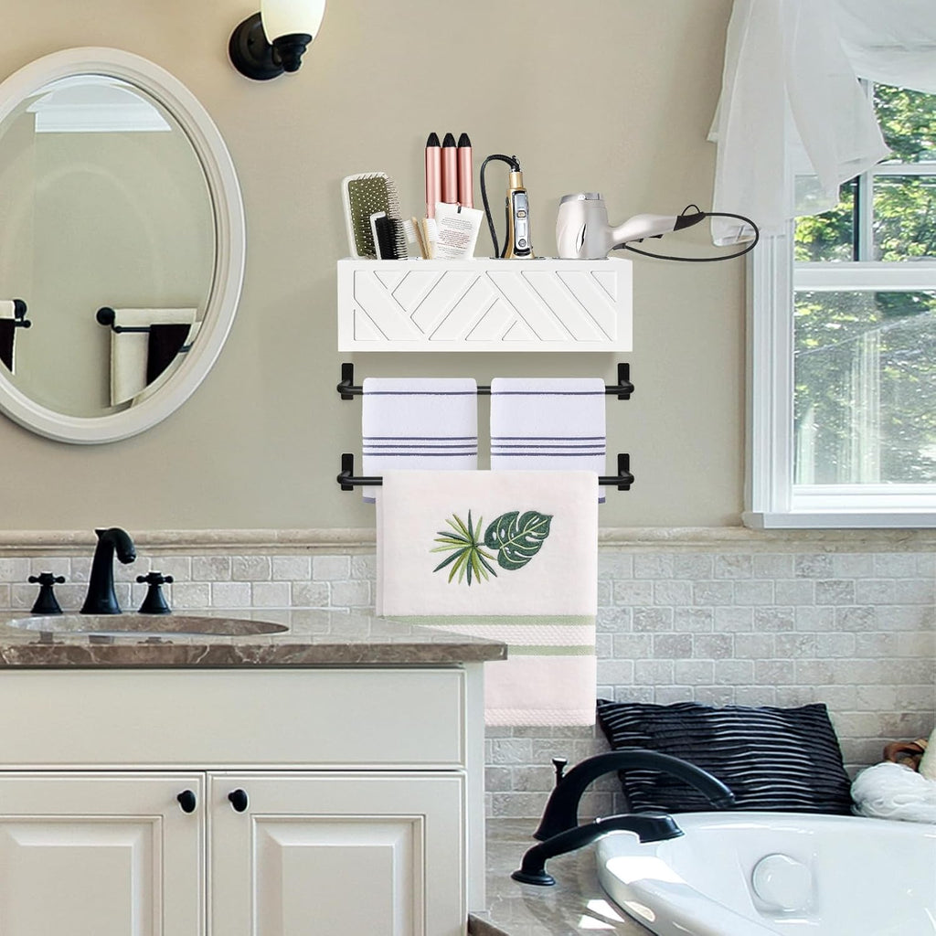 Hair Tool Organizer Wall Mount, Hair Dryer Holder with 2 Towel Bars, Wood Hot Tools Organizer, Rustic Bathroom Organizer Blow Dryer Holder for Bathroom Decor, Flat Iron, Curling Wand, Brushes(White)