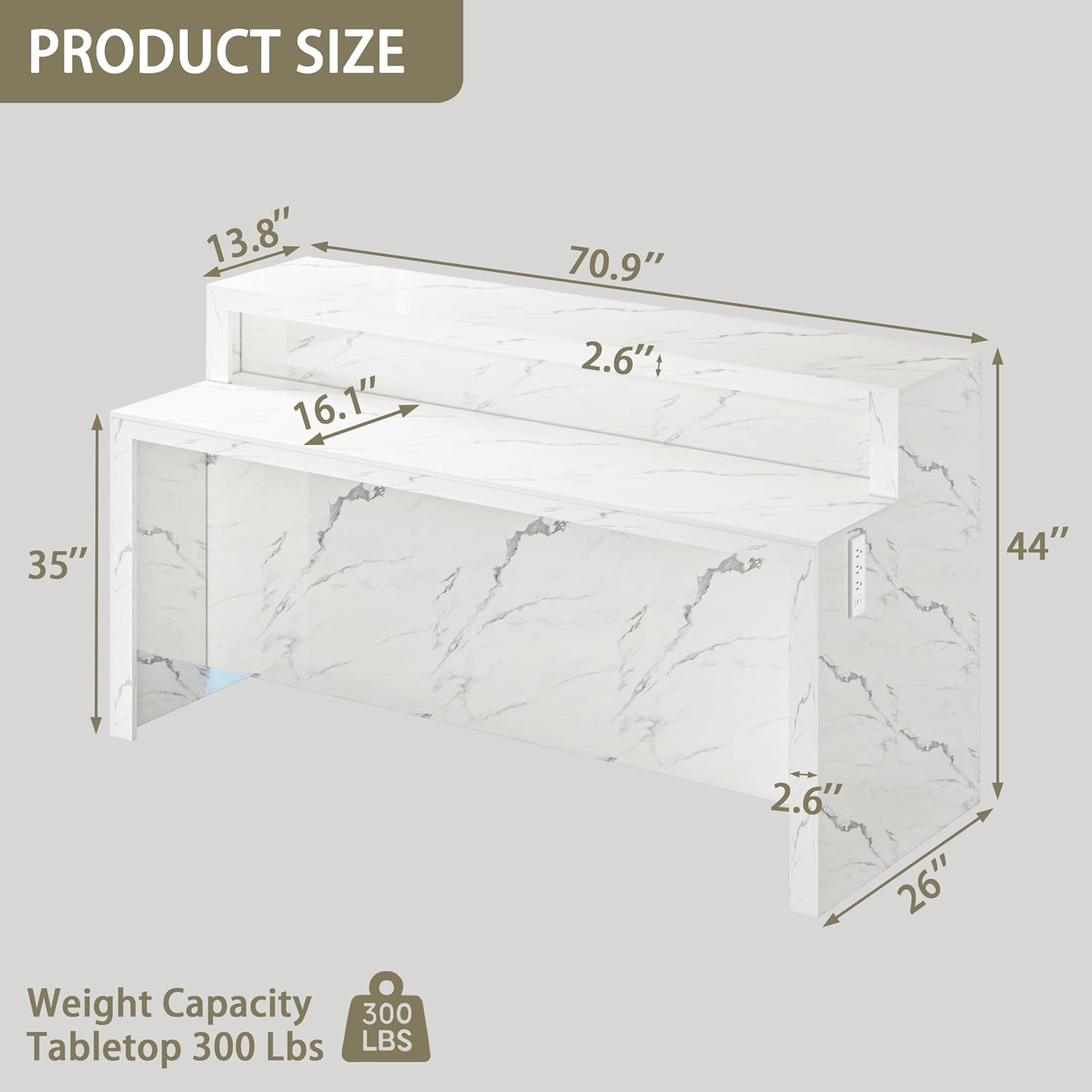 71'' Faux Marble Dining Table for 6 People, 2-Tier Tall Modern Kitchen Island with LED Lights, Rectangle Kitchen Dining Table for Home