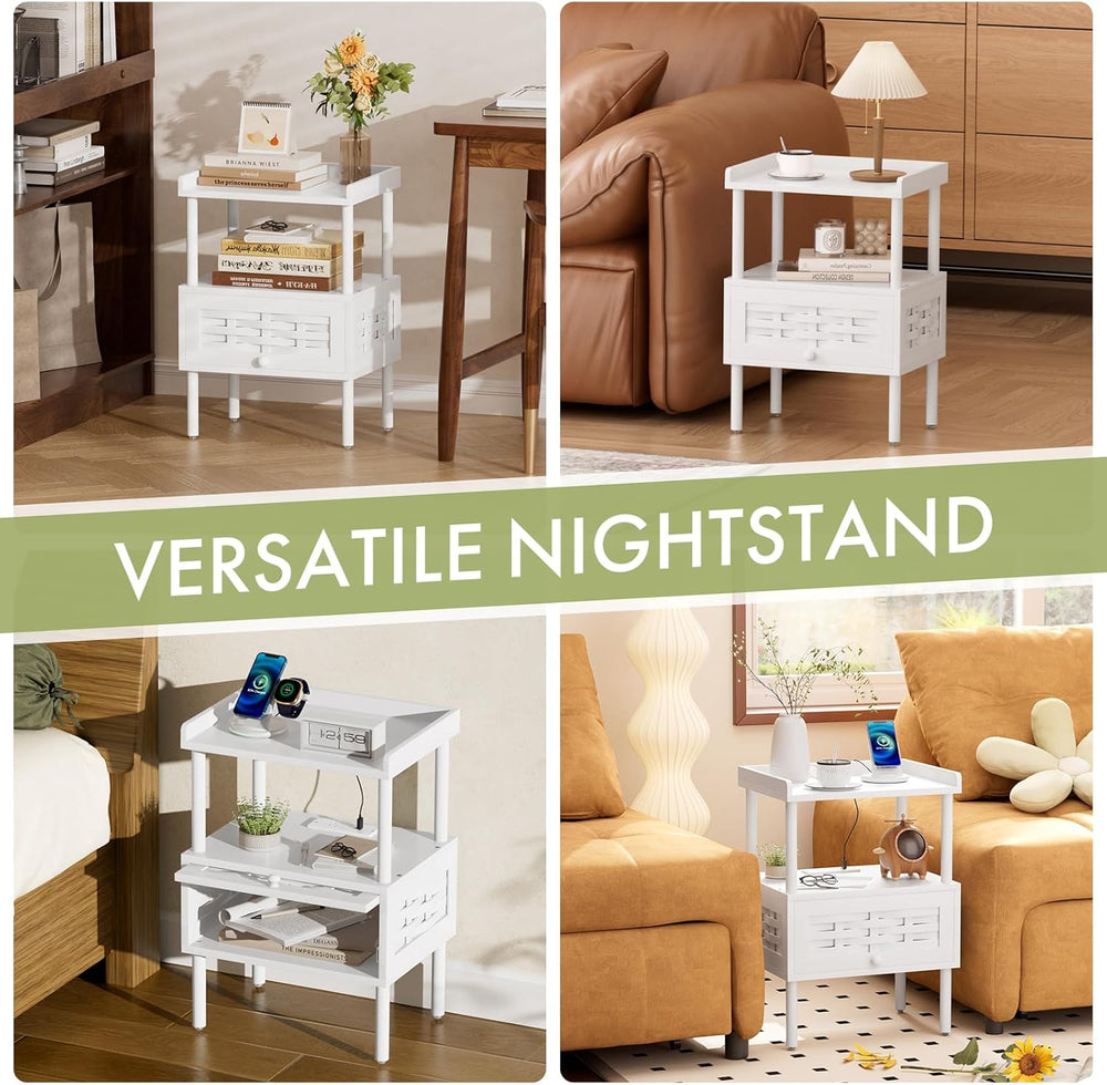 Amazer White Nightstand with Charging Station, Bamboo Night Stand for Bedroom...