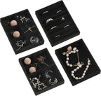 Frebeauty Small Jewelry Tray Set,Stackable Velvet Jewelry Organizer Tray,Mini Jewelry Drawer Organizer,Drawer Inserts,4.92 x 3.74 x 0.9 Inches,Earring Organizer for Women(Set 4,Black)