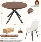 47.2" 5-Piece Round Dining Table Set for 4, Modern Wood Dining Table with 4 Upholstered Chairs, Kitchen & Dining Room Table Set with Metal Base for Apartment, Small Space, Walnut Table+4 Beige Chairs
