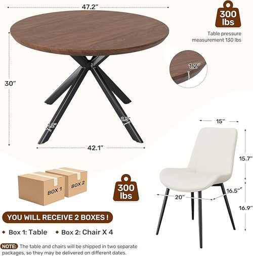 47.2" 5-Piece Round Dining Table Set for 4, Modern Wood Dining Table with 4 Upholstered Chairs, Kitchen & Dining Room Table Set with Metal Base for Apartment, Small Space, Walnut Table+4 Beige Chairs