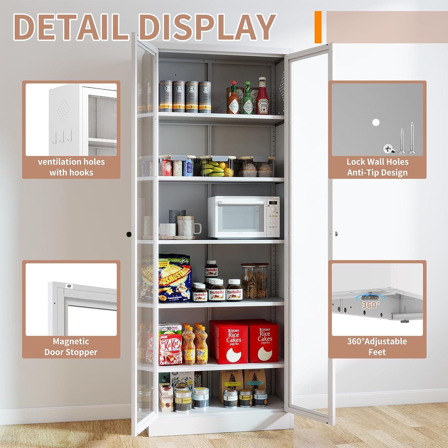 Metal Kitchen Pantry Cabinet, 72" Tall Food Pantry Cabinets with 5 Adjustable Shelves, White Freestanding Cabinet for Kitchen/Pantry/Bathroom