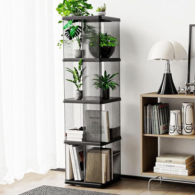 4 Tier Rotating Bookshelf, Small Corner Bookshelf for Small Space, 360 Display Floor Standing Bookcase, Lazy Susan Plastic Narrow Book Organizer Shelf for Bedroom, Living Room, Rectangular