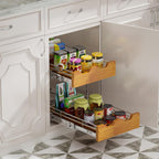 DINDON 2 Tier Pull Out Cabinet Organizer (14" W x 21" D) Slide Out Wood Shelf Double Tier Kitchen Wire Basket with Chrome Finish…