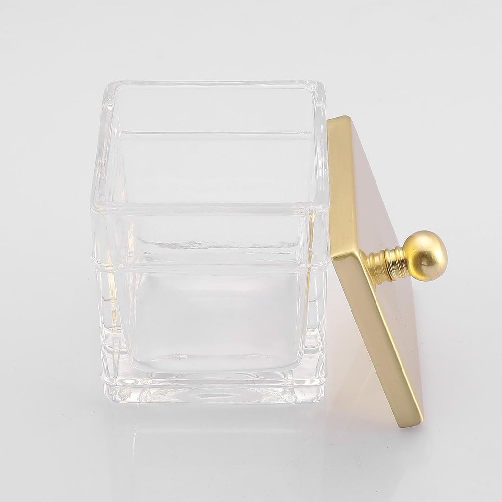 Glass Cotton Jar Holder 2 Pack– Brushed Gold Lid, Elegant Bathroom Storage Canister for Qtips, Cotton Balls, Floss, Makeup Organizer, Vanity & Bathroom Organization