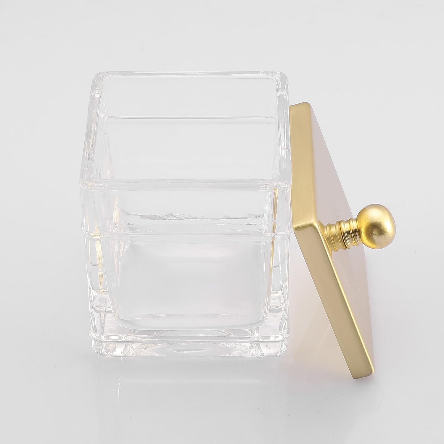 Glass Cotton Jar Holder 2 Pack– Brushed Gold Lid, Elegant Bathroom Storage Canister for Qtips, Cotton Balls, Floss, Makeup Organizer, Vanity & Bathroom Organization