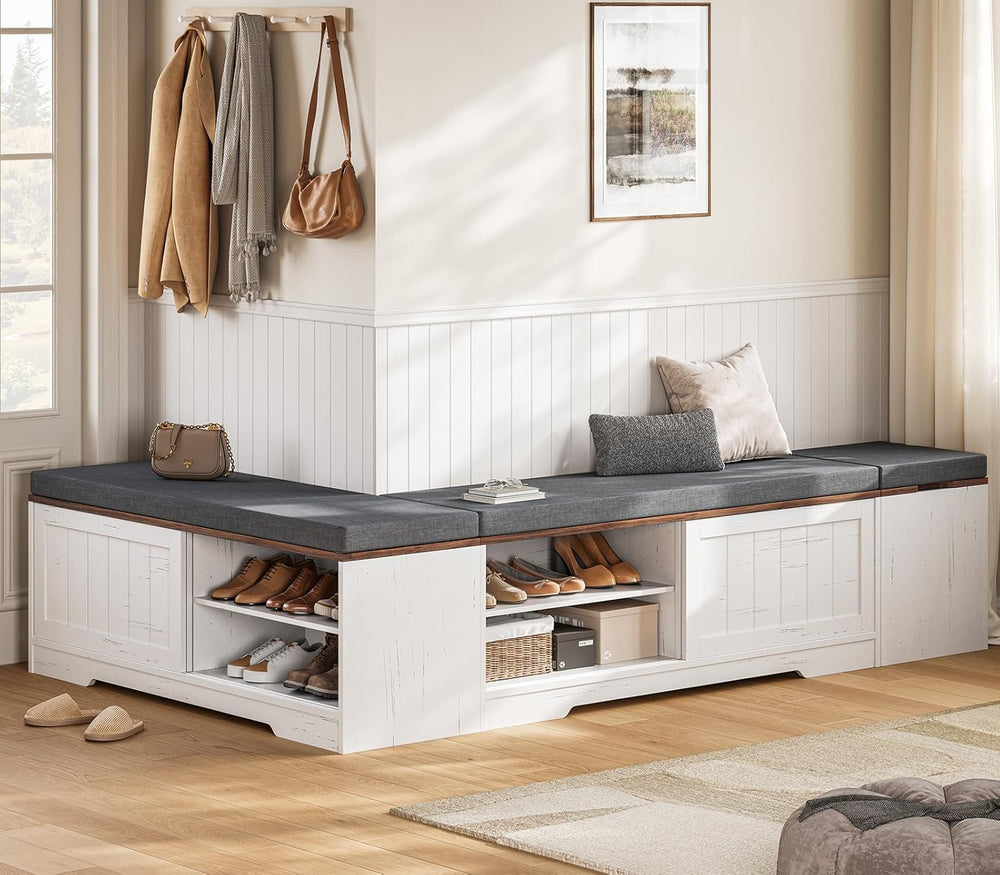 UPOSOJA Farmhouse L Shaped Corner Shoe Storage Bench with Cushion Entryway Sh...