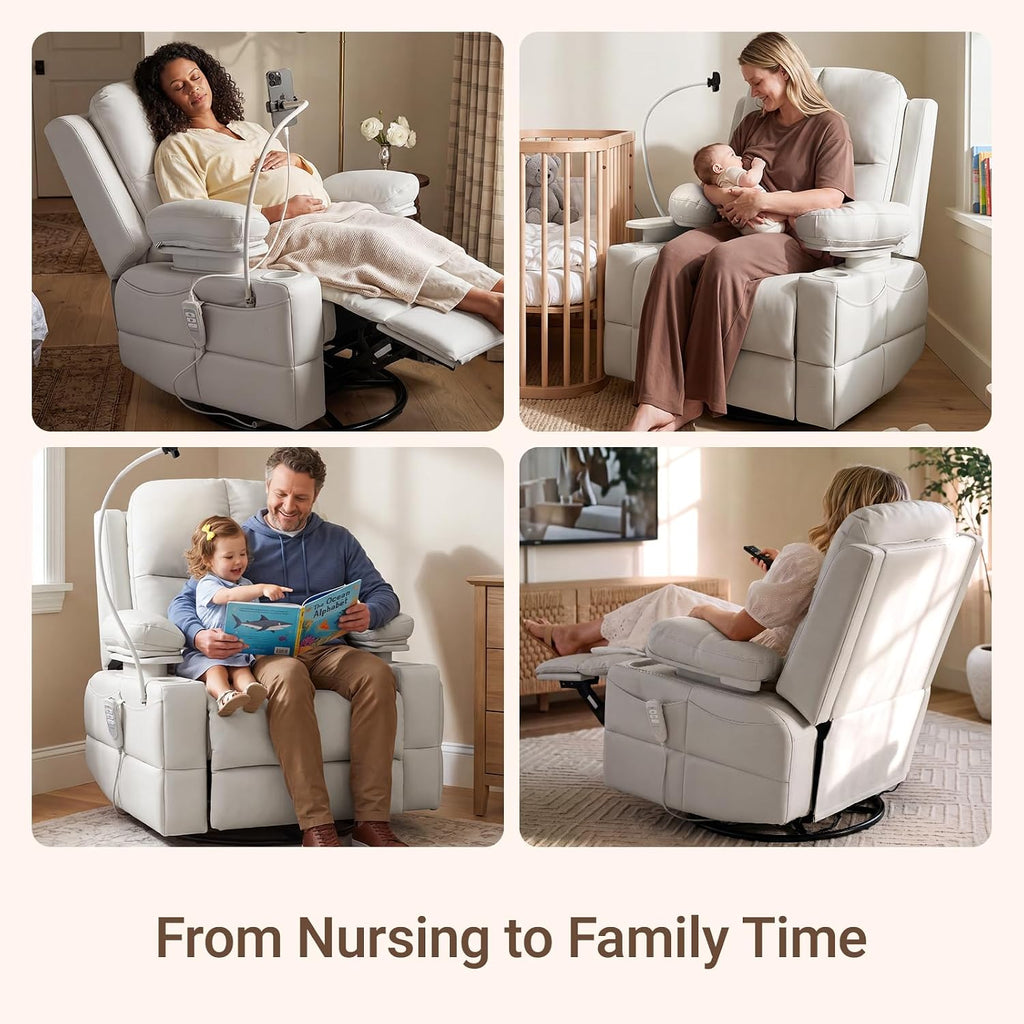 MAMAZING Lullapod Power Nursery Recliner Rocking Chair, Triple Motor Power Recliner with HugAssist Armrest, 270° Swivel Glider and Quiet Rocking Chair Nursery with Dual Charging Port and Storage