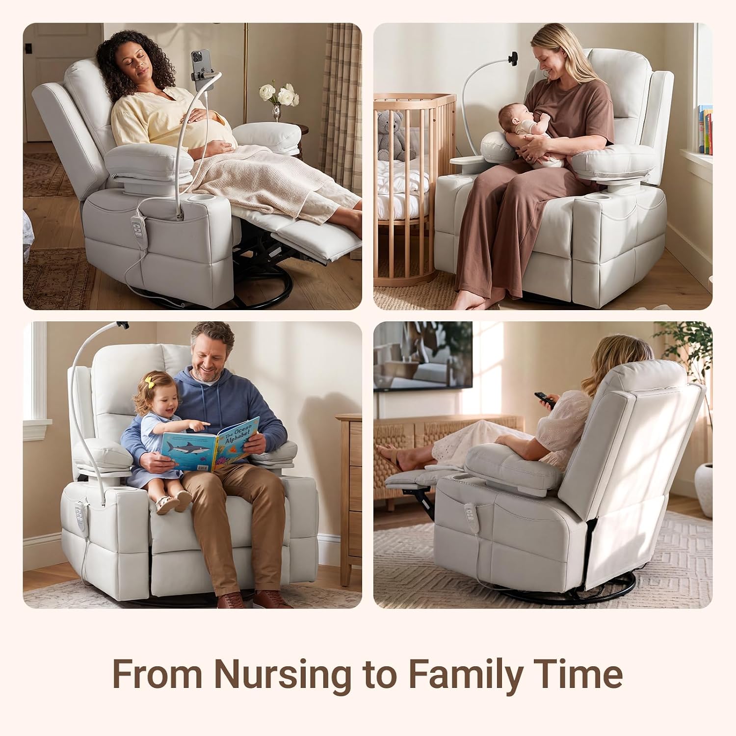 MAMAZING Lullapod Power Nursery Recliner Rocking Chair, Triple Motor Power Recliner with HugAssist Armrest, 270° Swivel Glider and Quiet Rocking Chair Nursery with Dual Charging Port and Storage