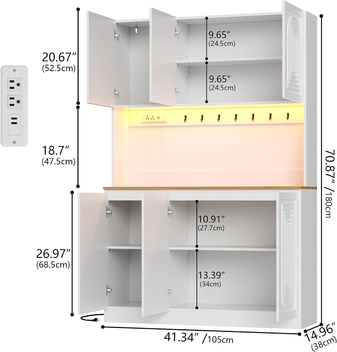 71" Black Kitchen Pantry with Power Outlet & LED Light, Large Kitchen Hutch Cabinet with Adjustable Shelf, Modern Buffet Cabinet with 6 Doors, Food Pantry Storage for Dining Room (White 6 Doors)