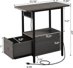 LIDYUK End Table with Charging Station, Narrow Side Table with Drawer and USB Ports & Power Outlets, Nightstand Bedside Tables for Small Spaces, Bedroom, Living Room, Dark Grey, Set of 2
