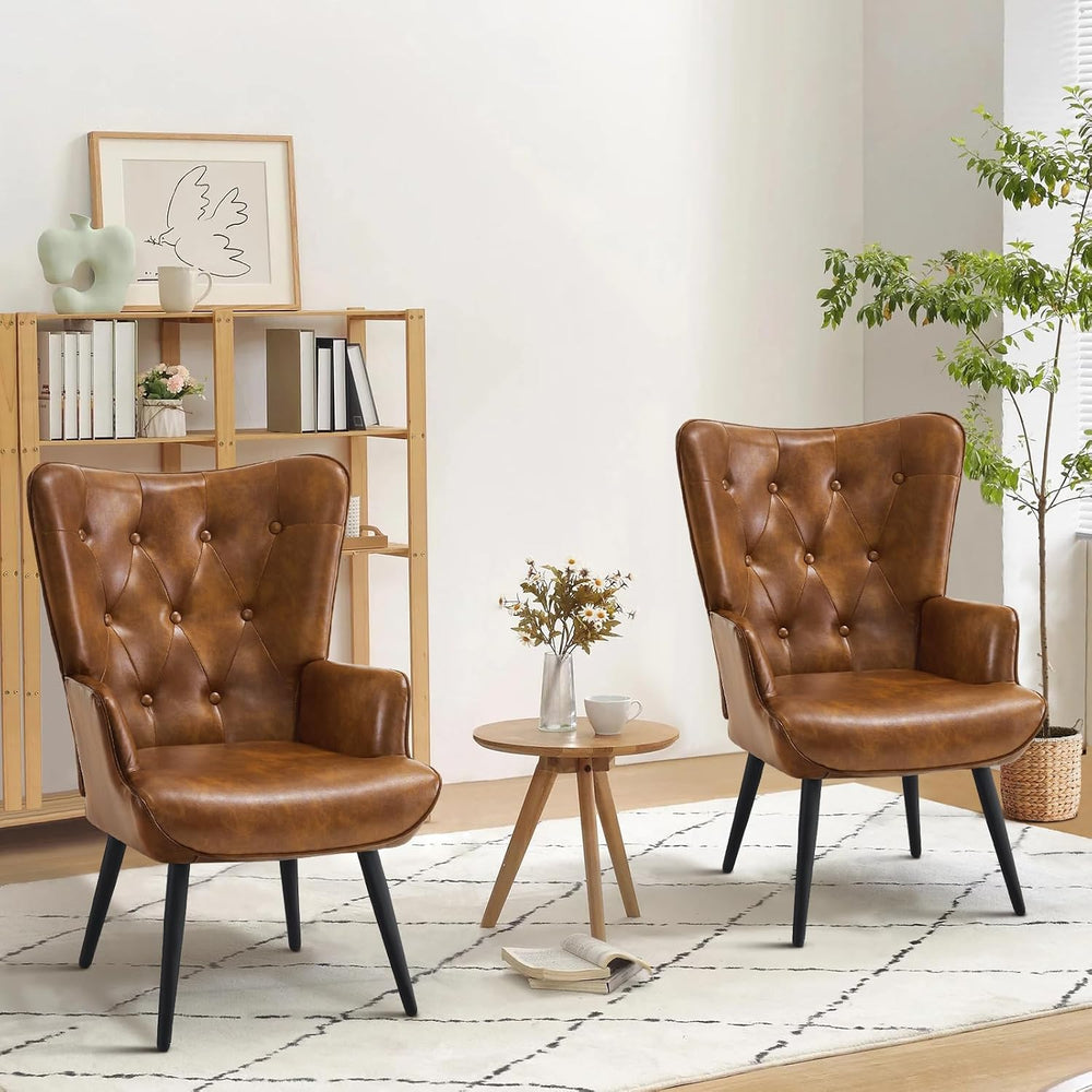 Furnimart Accent Chairs Set of 2, Brown PU Leather Reading Armchair with High...