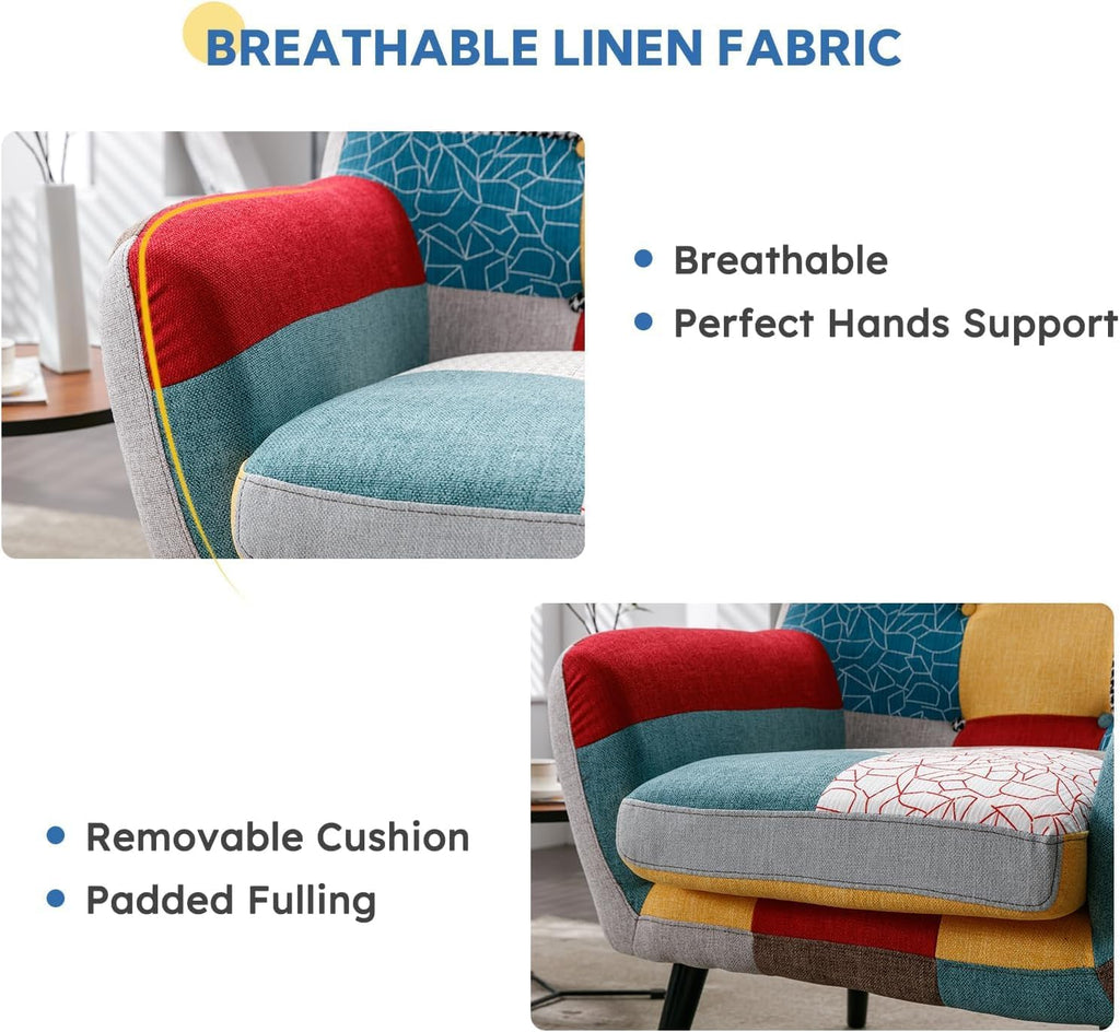 Bonzy Home Modern Colorful 3 Piece Coroful Fabric Sofa Set, Included Accent Chair and Boho 2 Loveseat, Linen Patchwork Plaid Couches with Rubberwood Legs and Removable Upholstered for Living Room