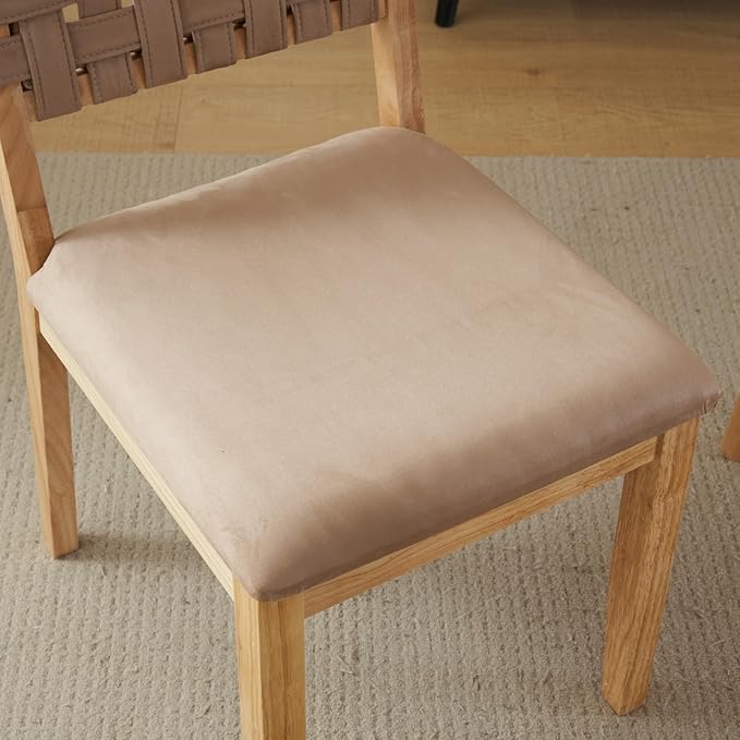VINGLI Khaki Woven Wooden Dining Chairs Set of 4,Armless Mid Century Modern Desk Chairs with Rivet&Foot Pegs,Upholstered Farmhouse Comfy Chair No Wheels for Dining Room,Living Room,Kitchen,Oak,Suede