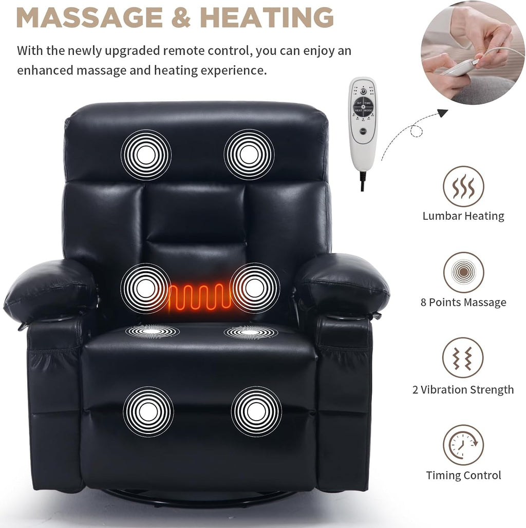 Faux Leather Swivel Rocker Recliner Chair with Heat Massage, Black | Manual Recliner, Overstuffed, Cup Holders, USB Port, Reclining Lounge Chair, Nursery Rocking Glider Chair