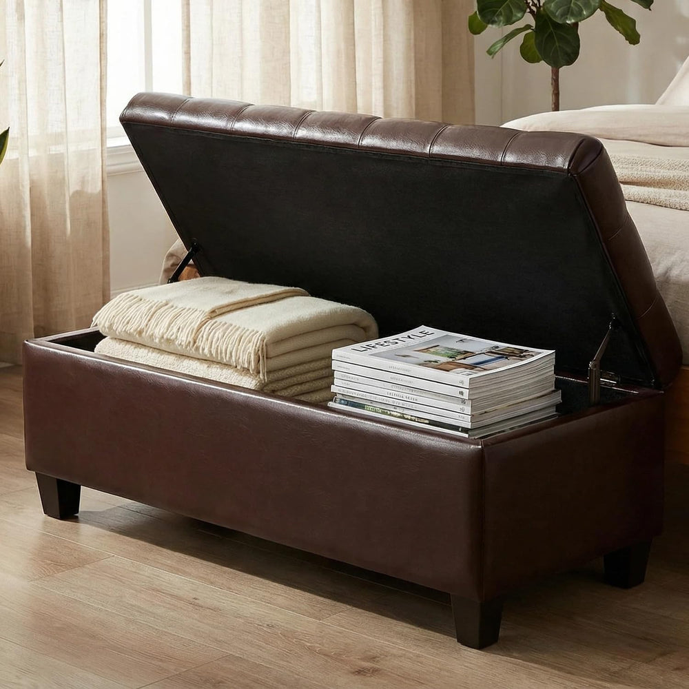 Leather Storage Bench for Living Room, End of Bed Bench with Storage, Large U...