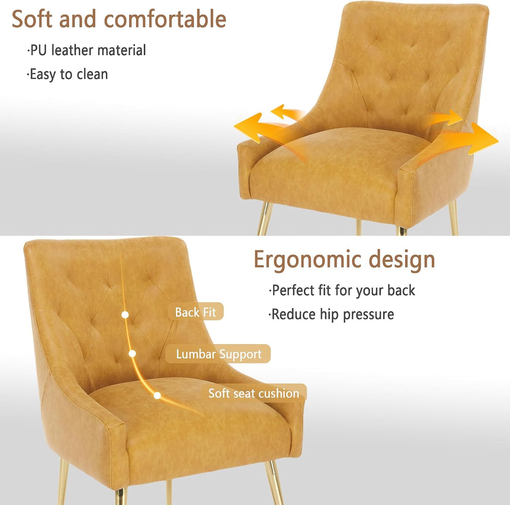 Dining Chairs Set of 2, Gold Leg Side Chair Faux Faux Leather Vanity Mid-Century with Metal Legs Upholstered PU Faux Leather Luxury Accent Chairs Living Room Restaurant