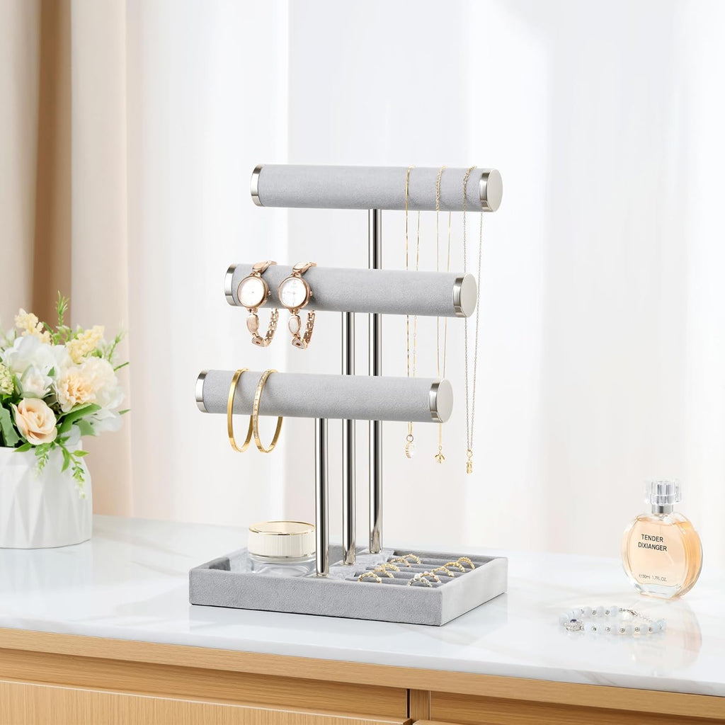 3 Tier Bracelet Holder Display - Detachable T Bar Grey Velvet Bracelet Holder, Jewelry Holder Organizer for Bracelet, Necklace, Earrings, Rings