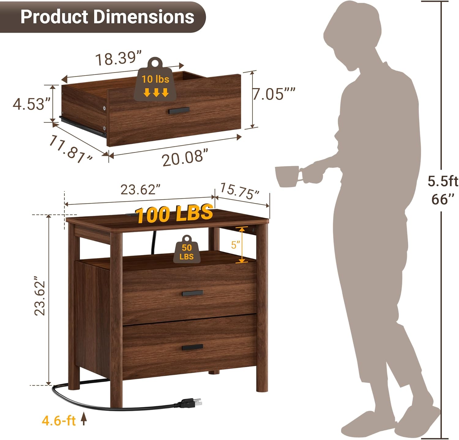 Night Stand with Charging Station, 24" Large Modern Side Table with Solid Round Post Legs, 2 Drawers Nightstand with Open Shelf, End Table/Bedside with Storage for Bedroom, Walnut