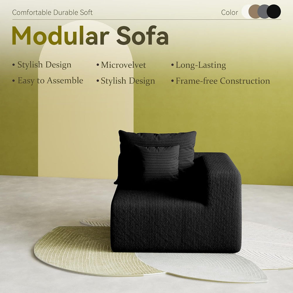 39" Modular Single Cloud Sofa, Corduroy Corner Chair Left Arm Module(Black)