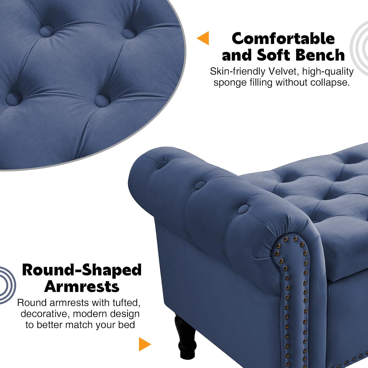 67'' End of Bed Storage Bench King Size, Storage Bench for Bedroom End of Bed, Upholstered Velvet Tufted Storage Ottoman Benches with Arms for Living Room, Entryway, Dark Blue