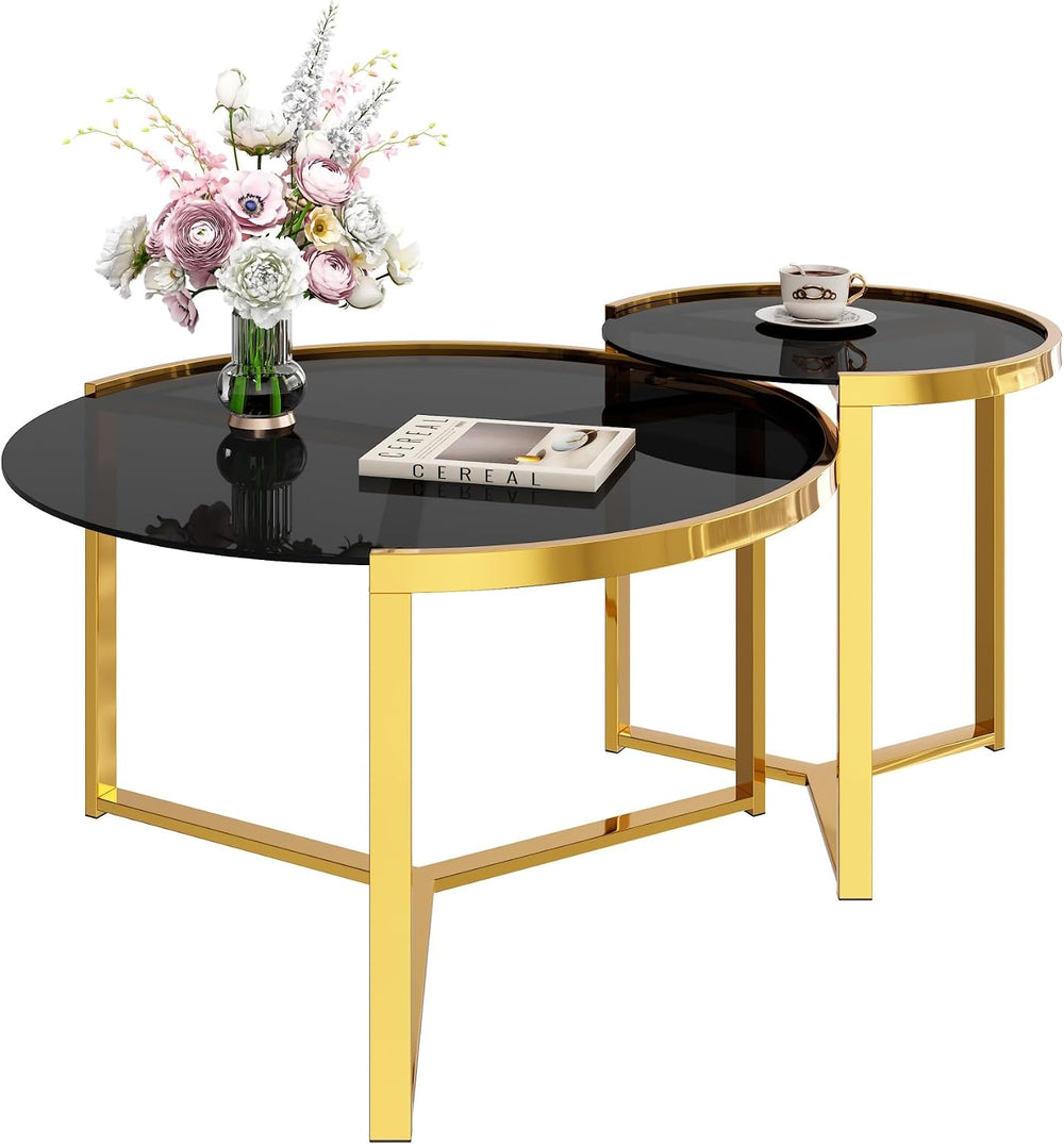31.5" Gold Round Nesting Coffee Table Set of 2, Modern Tempered Glass Co...