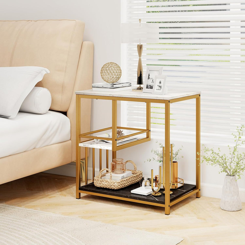 GOFLAME Faux Marble End Table, 3-Tier Sofa Side Table with Storage Shelves, G...