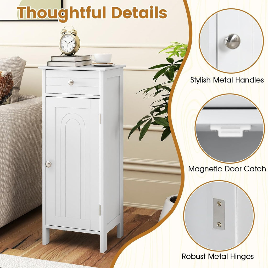 Giantex 34.5" Bathroom Cabinet with Drawer & Single Door (White) | Narrow Side Storage Organizer with 6 Shelf Positions, Freestanding Floor Storage Cabinet for Bathroom, Living Room, Entryway