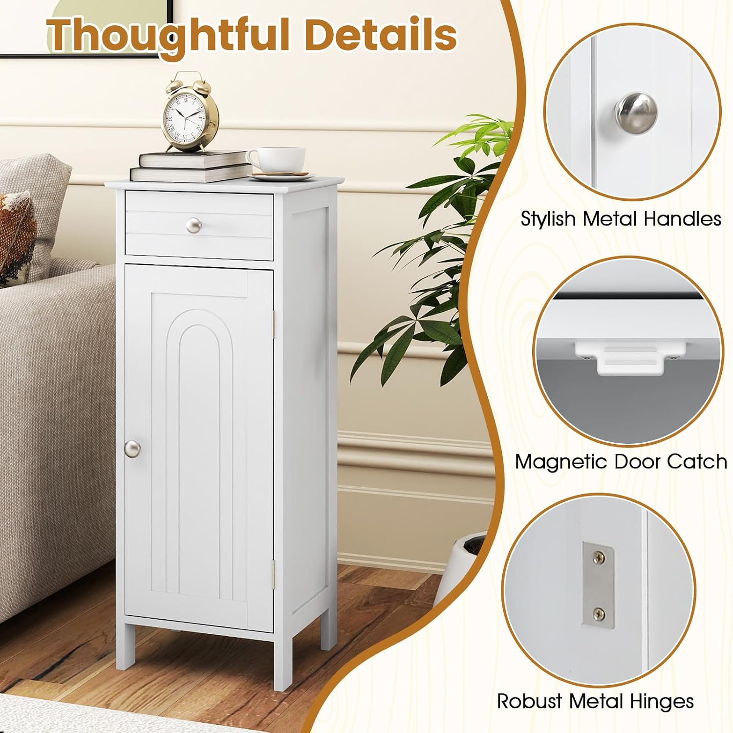 Giantex 34.5" Bathroom Cabinet with Drawer & Single Door (White) | Narrow Side Storage Organizer with 6 Shelf Positions, Freestanding Floor Storage Cabinet for Bathroom, Living Room, Entryway