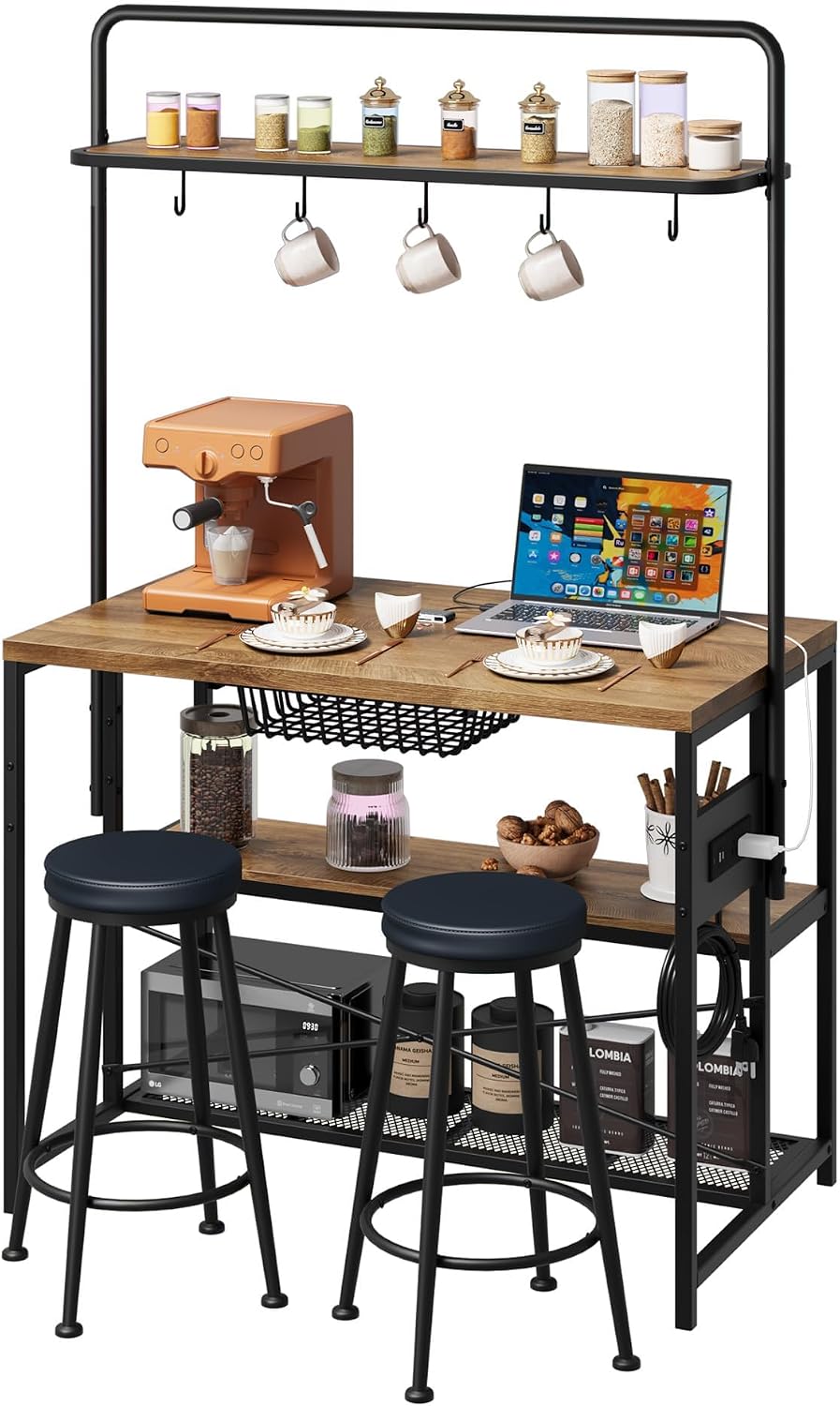 Kitchen Microwave Stand Coffee Bar Table with Storage, Natural | Small Kitche...