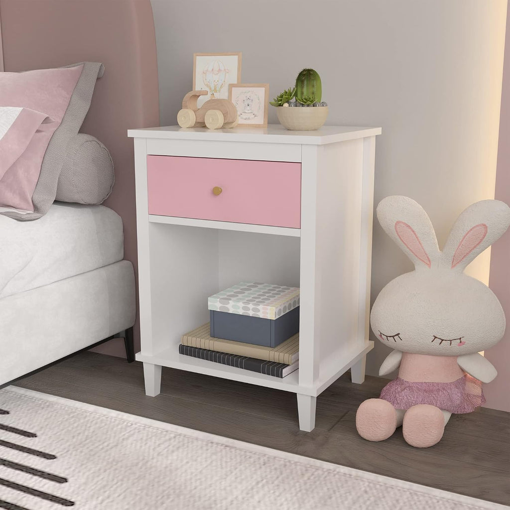 Nightstand with One Drawer & Open Storage Shelf, Modern Wooden Bedside Table for Kids, 26.77''H End Table for Living Room, Bedroom, Toddler Nightstand for Boys and Girls, White+Pink
