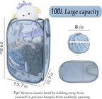 Upgraded 100L Extra Large Collapsible Laundry Hampers. Pop Up Laundry Basket Mesh with Pocket, Fold Compact, Large Hold Portable Travel Laundry Bag for Dorm Storage Bin, Grey. V