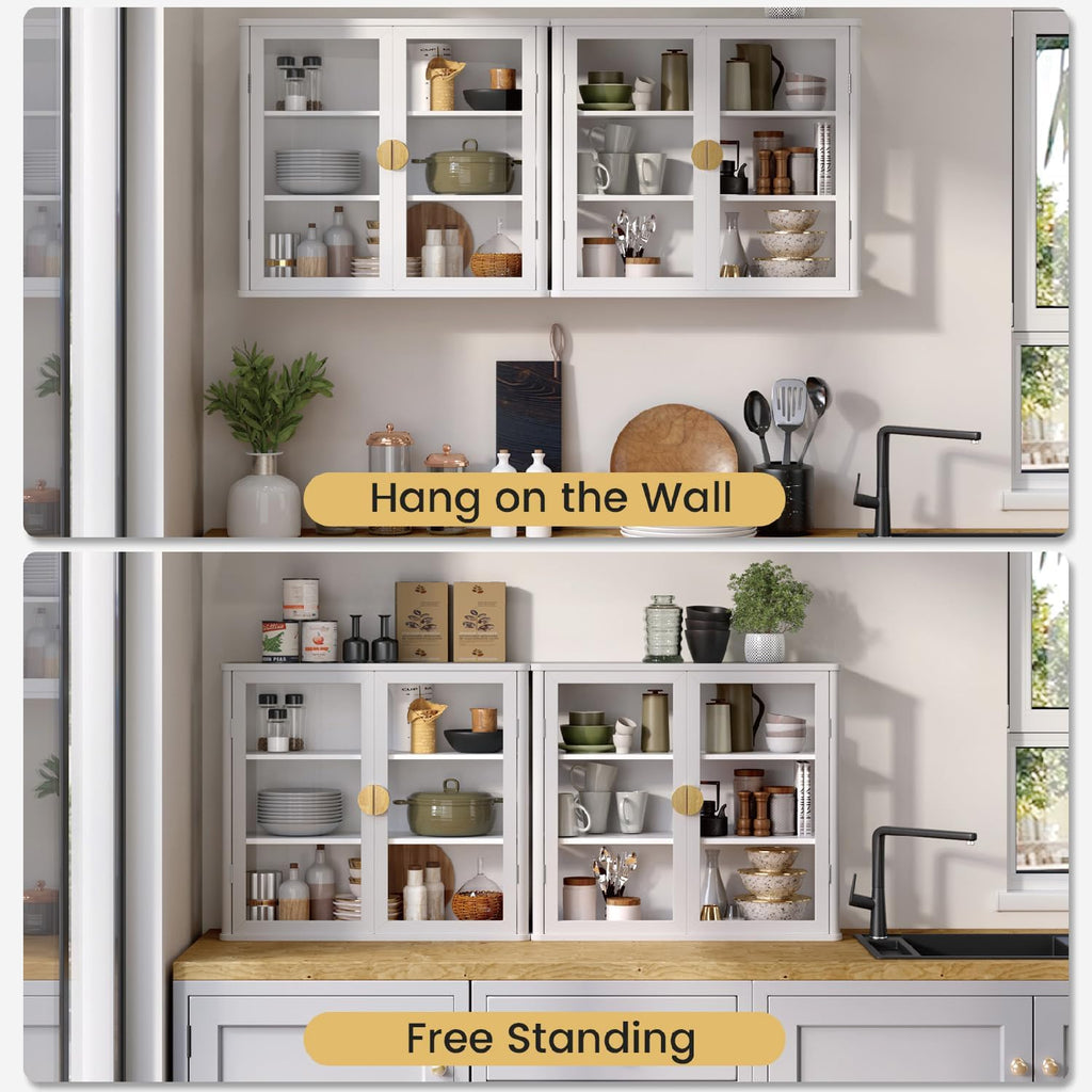 NEWOWNDS 58" W Wall Storage Cabinets for Laundry Room with Tempered Glass | Floating Hanging Wall Mounted Storage Cabinets for with Adjustable Shelf for Bathroom,Kitchen,Garage,White,Curved Edges