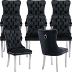 Mid Century Modern Dining Chairs Set of 8, Black Velvet Upholstered Tufted Back, Kitchen & Dining Room Chairs, Brushed Silver Metal Legs, Nailhead Trim, Sillas para Comedor (Black, 8 Pcs)
