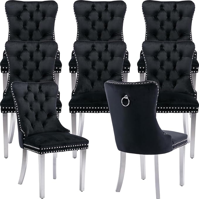 Mid Century Modern Dining Chairs Set of 8, Black Velvet Upholstered Tufted Back, Kitchen & Dining Room Chairs, Brushed Silver Metal Legs, Nailhead Trim, Sillas para Comedor (Black, 8 Pcs)