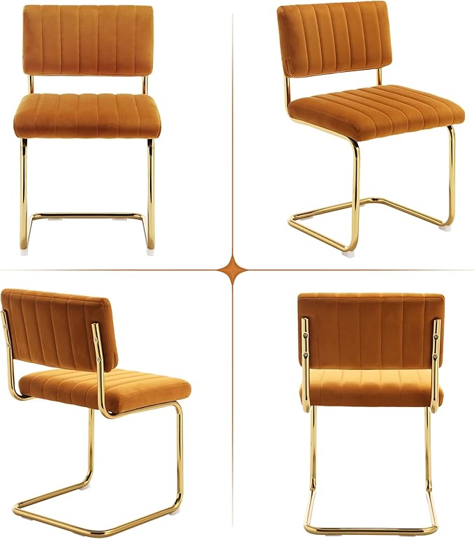 ONEVOG Orange Velvet Dining Chairs Set of 2, Upholstered Kitchen & Dining Room Chair, Comfy Dinner Chair with Gold Metal Legs, Cantilevered Design Seat for Bedroom, Living Room