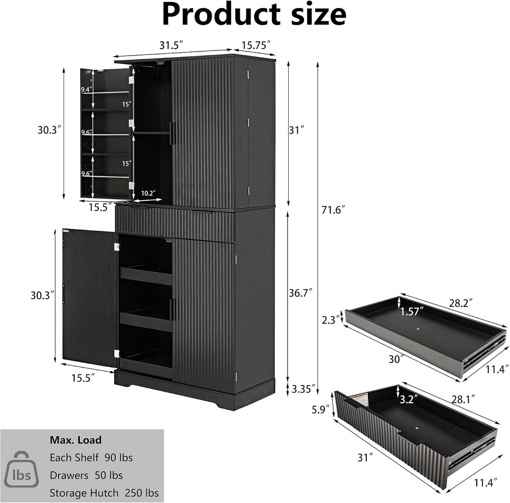 Spaco 72" Fluted Kitchen Pantry Cabinet,Modern Cupboard Storage Cabinet ...