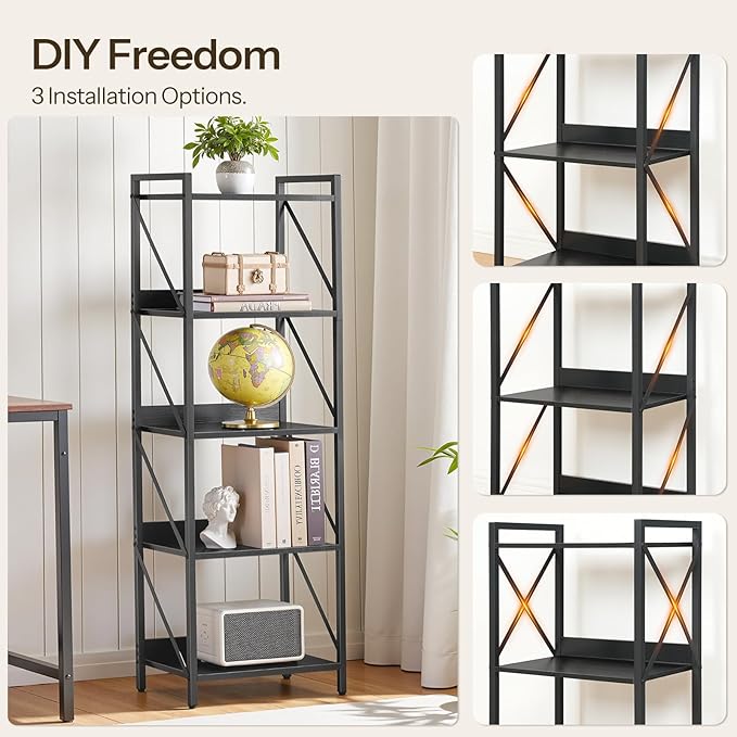 HOOBRO Bookshelf, 5-Tier Industrial Bookcase, Book Shelf Storage Organizer, T...