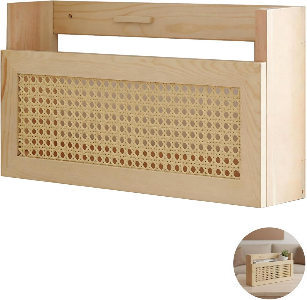 Wall Storage Rack, Wood and Rattan File Holder, 17.3 in Wall Mounted Organizer with Rattan Grid, Handmade Rustic Decor for Living Room, Entryway, Office, Lightweight