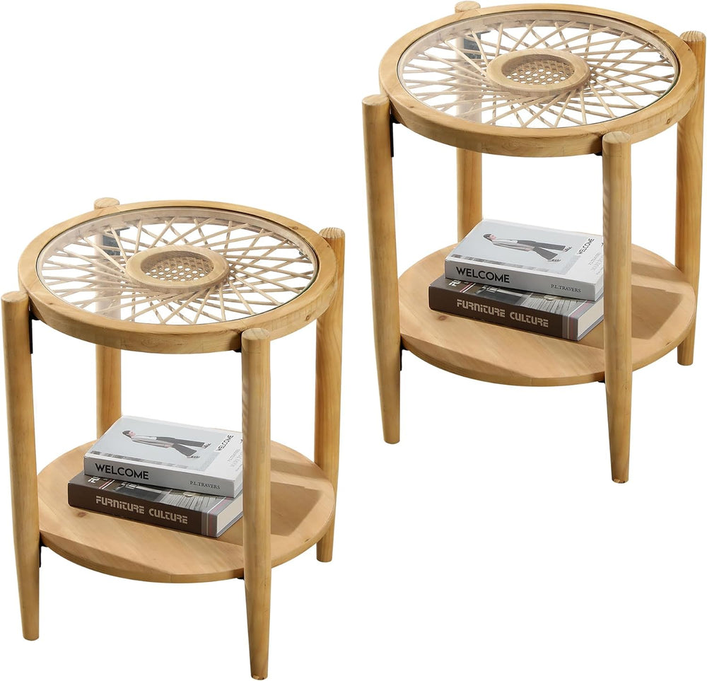 RUSTOWN Rattan Nightstands Set of 2,Boho Wood Round Side Tables, 2-Tier Natur...