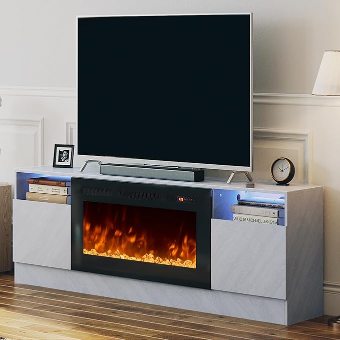 oneinmil Fireplace TV Stand with 36" Electric Fireplace, LED Light Entertainment Center, Modern Wood Texture Entertainment Stand with Highlight Storage Cabinet for TVs Up to 80", 70 inches, Grey