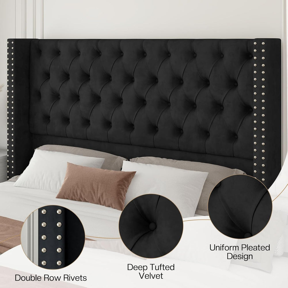 Jocisland King Size Bed Frame with 51.6" Velvet Wingback Headboard, Black