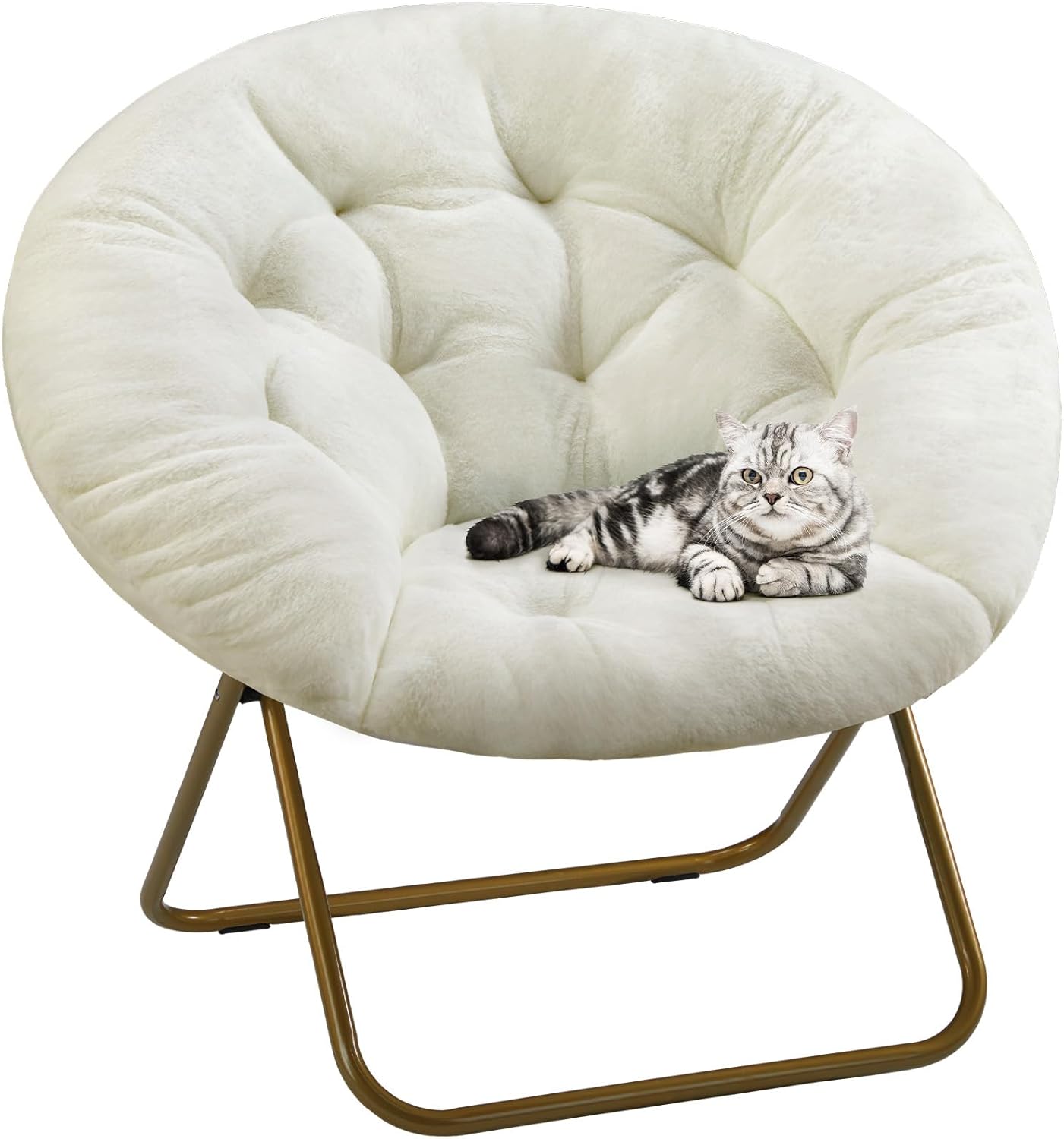 DUMOS Comfy Saucer Chair, Faux Fur Lounge Seasting XL Circle Chair for Bedroom, Dorm & Gaming, Foldable Fashion Accent Seat for Small Spaces, Folding Moon/Mushroom/Round Oversized Style,White