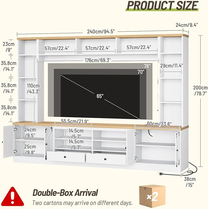 94.5" Wall Unit Entertainment Center with Doors, Farmhouse TV Stand with Bookshelves, Storage Cabinet, Fits TVs up to 78", Large Media Console with LED Light and Power Outlet, for Living Room