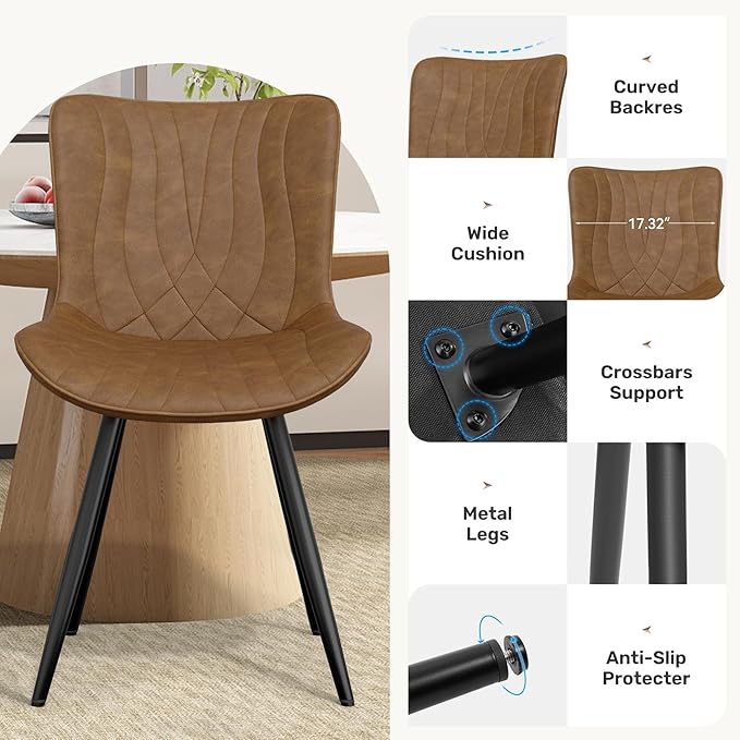 Dining Chair Set of 4 PU Leather Dining Room Chairs Upholstered Comfy Dining Chairs Modern Kitchen Armless Side Chair with Sturdy Metal Legs,Brown