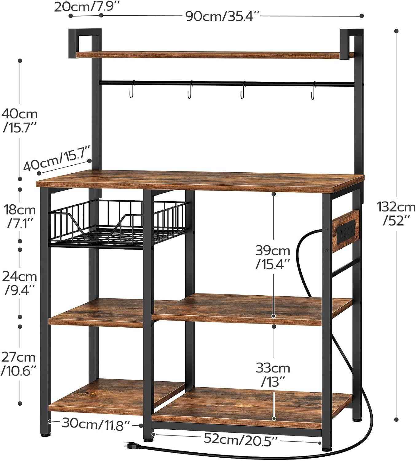 HOOBRO Bakers Rack with Power Outlet, 35.4 Inches Coffee Bar with Mesh Basket, Microwave Stand with 4 S-Shaped Hooks, Kitchen Bakers Rack with Storage, Easy to Assemble, Rustic Brown BF05HB01