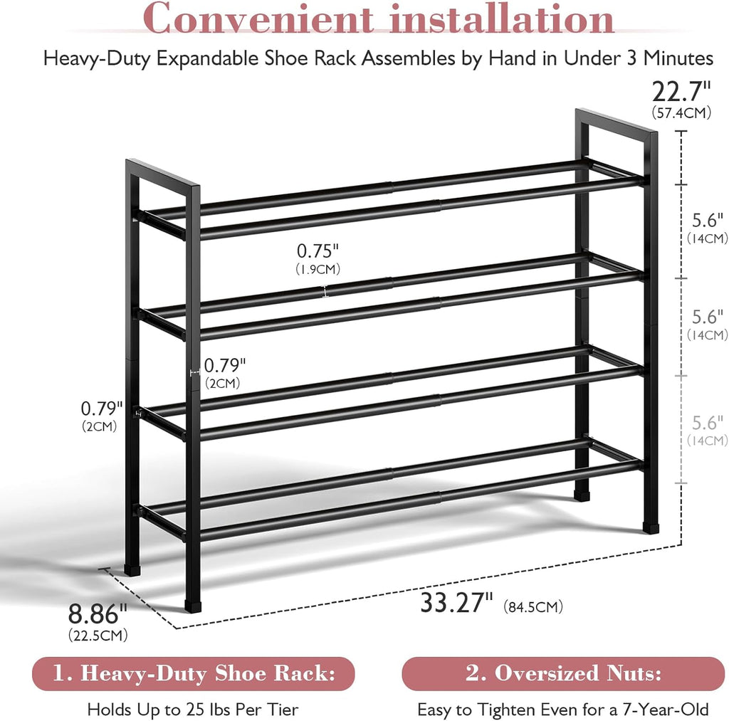 Bumusty 4 Tier Expandable Shoe Rack for Closet, Black | 18"-33" Adjustable Shoe Rack for Entryway, Small Shoe Organizer for Dorm, Front Door, Sturdy Metal
